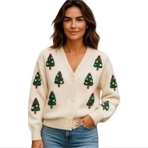 Luna Ivy Chunky Pom Pom‎ White Cardigan with 3D Festive Tree Accents Holiday New